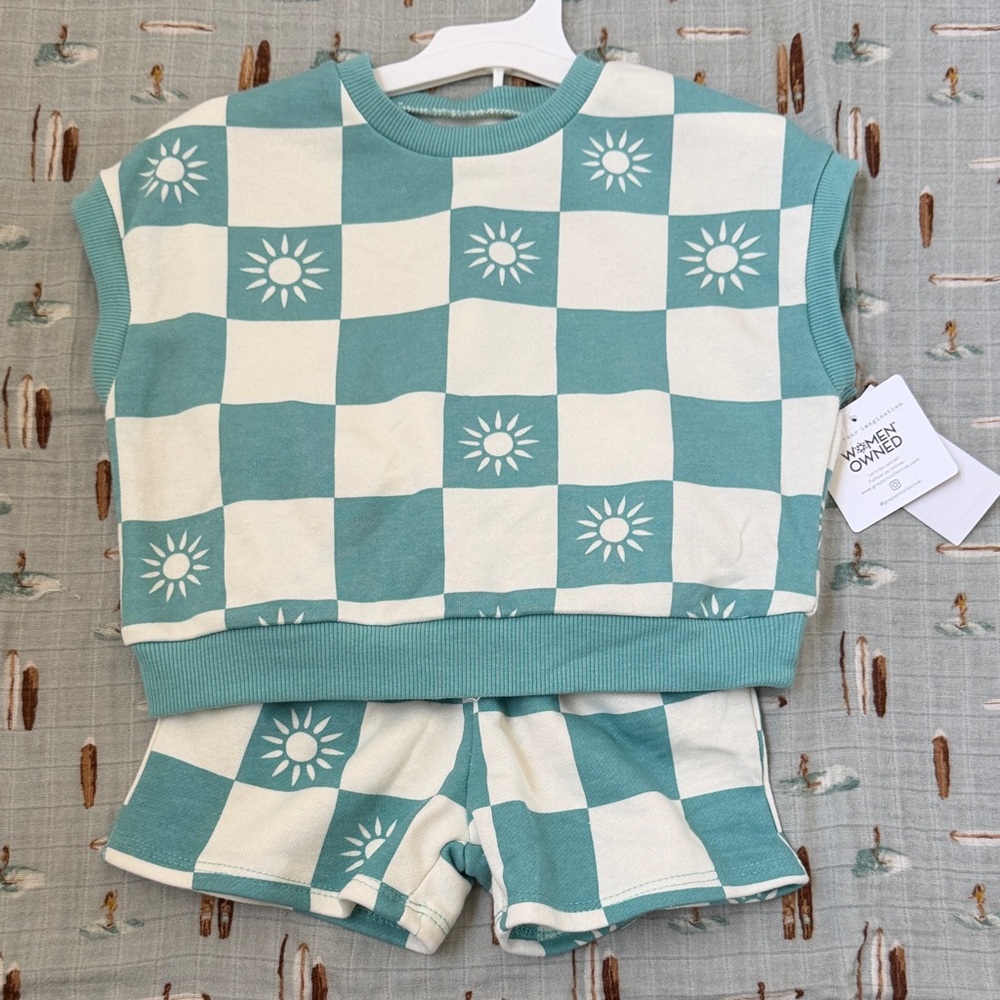 Grayson Mini Sun Checkerboard Kids Set - Teal and Cream